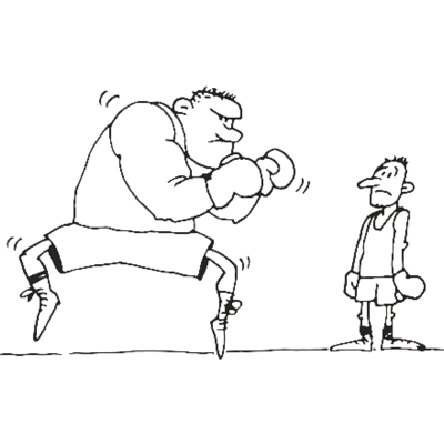 Pogarda wagi ciężkiej: rysunek czarna kreska na białym tle: potężny bokser gotujący się do walki naprzeciw małego, chudego człowieka w rękawicach bokserskich