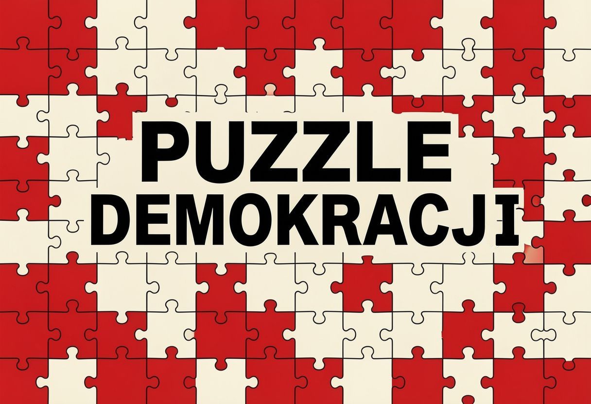 Tło - ułożone puzzle w kolorach białym i czerwonym, na nich duży napis PUZZLE DEMOKRACJI
