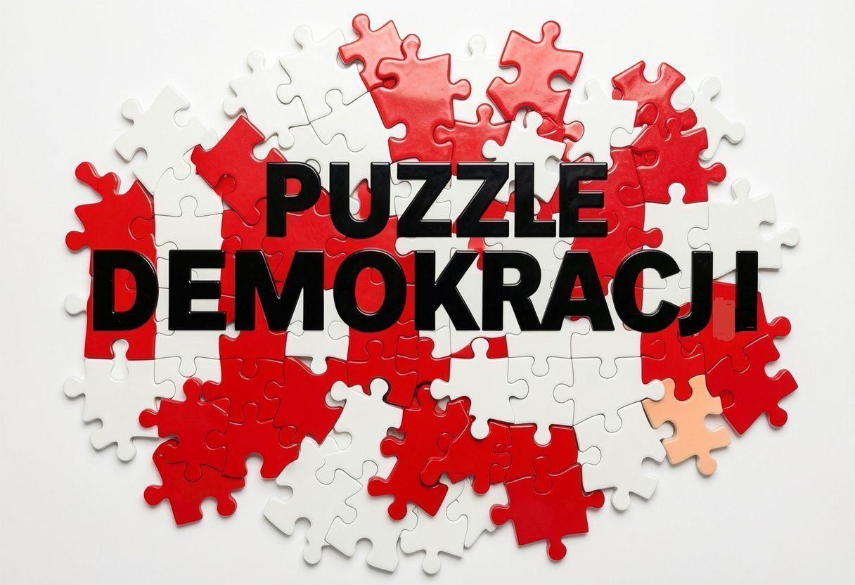 Tło - rozsypane puzzle w kolorach białym, czerwonym i różowym, na nich duży napis PUZZLE DEMOKRACJI